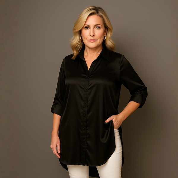 Dipped Hem Satin Shirt with 3/4 button Tab Sleeves