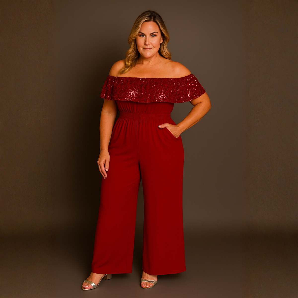 Sequin Frill Bardot Jumpsuit with Side Pockets