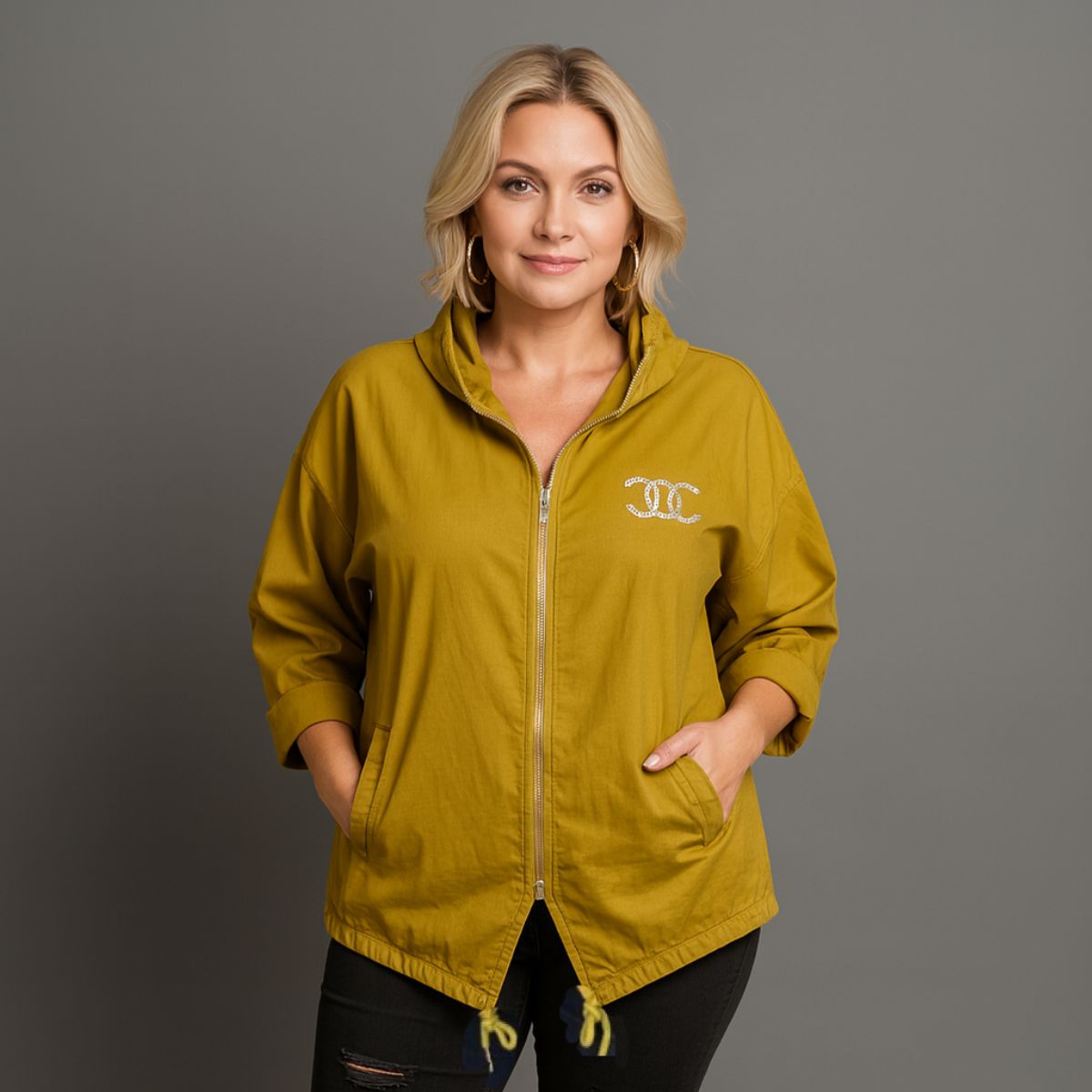 Zip Up Jacket / Coat with Hood and Studded Detail