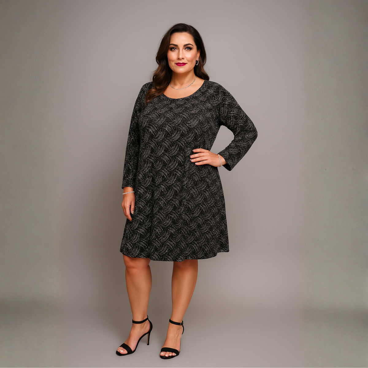 Sparkly Swirl Pattern Long Sleeve Party Swing Dress
