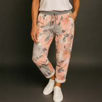 Pink Grey Floral Print Joggers