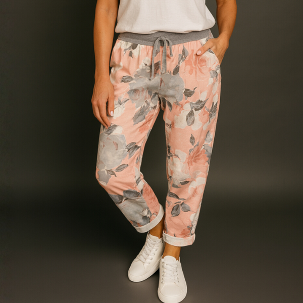 Pink Grey Floral Print Joggers