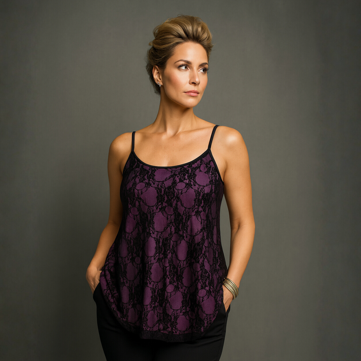 Black Lace Cami Vest / Swing Top with Co-ordinating Lining