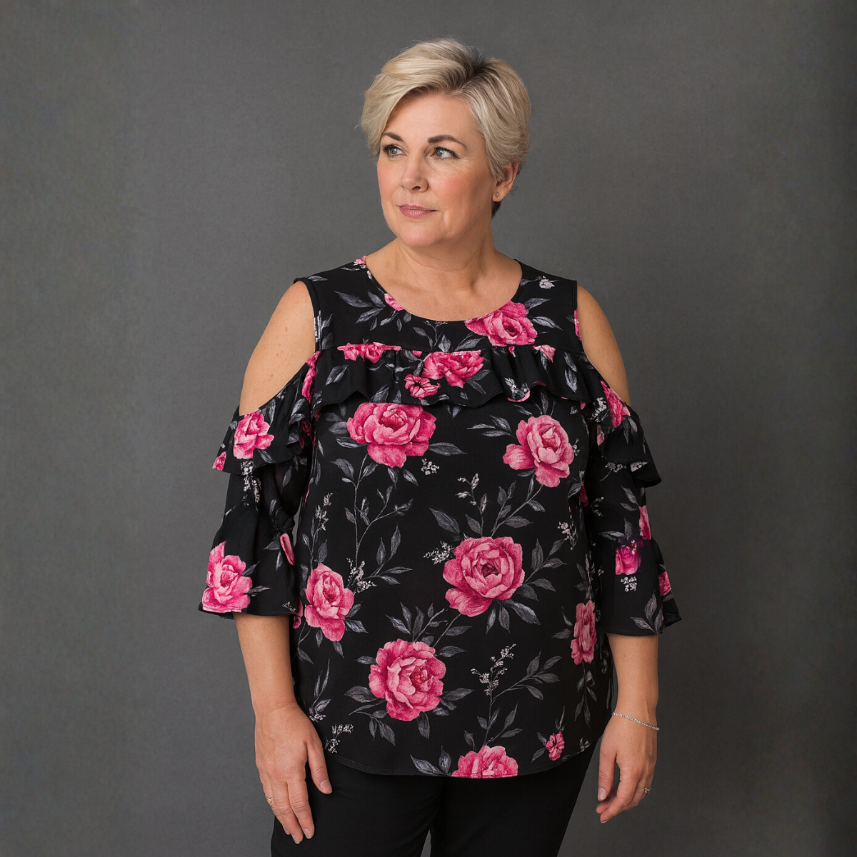 Black Pink Floral Cold Shoulder Frilled Blouse