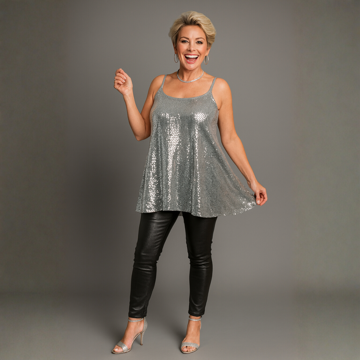 Silver Sequin Strappy Long Length Swing Top