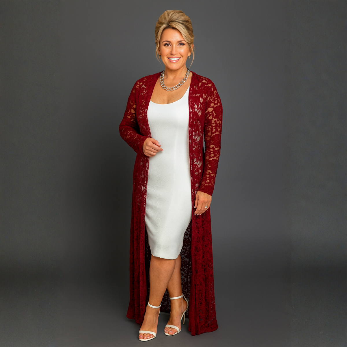 Wine Long Sleeve Lace Duster Jacket