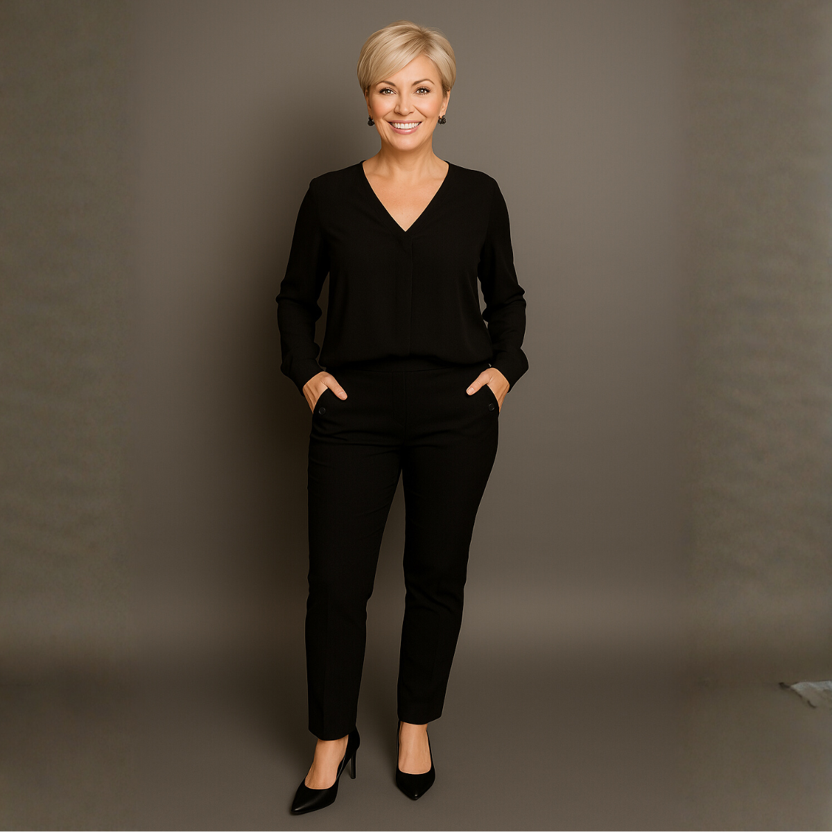 Plain Black Stretchy Trousers with Button Pockets