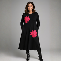 Black Cotton Dress with Appliqué Flowers & Pockets
