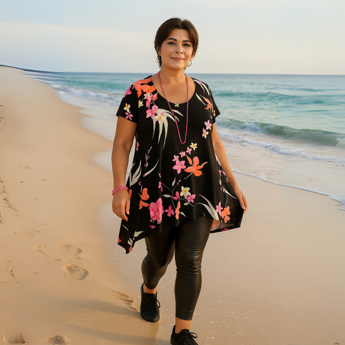 Black Tropical Hanky Hem Swing Top