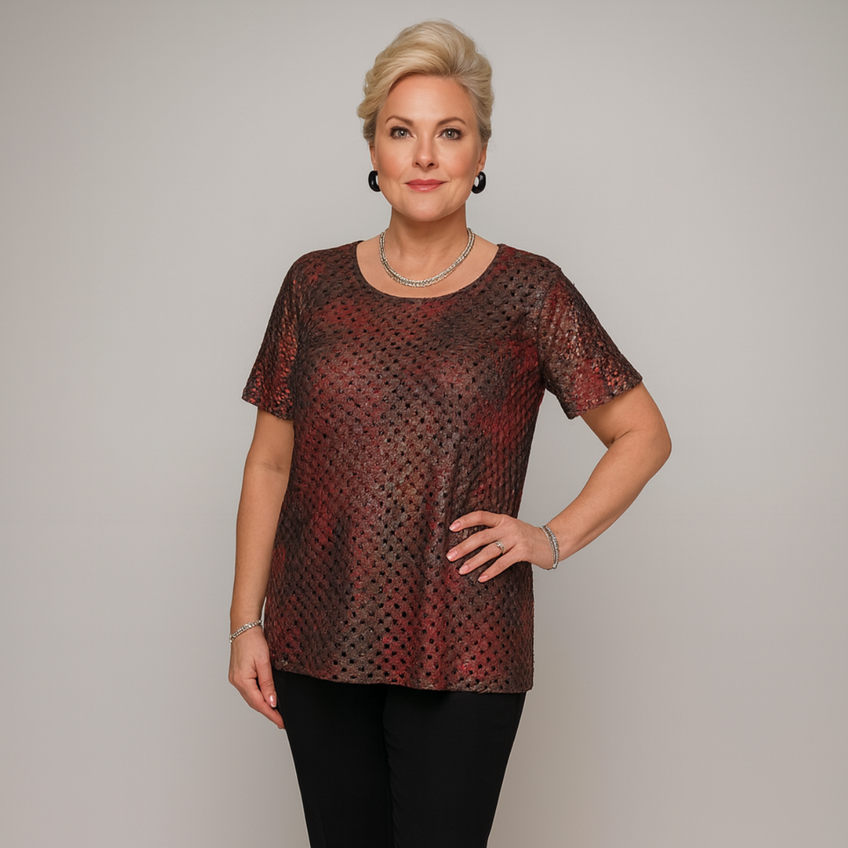 SPARKLY METALLIC THREAD SHORT SLEEVE LACE BLOUSE