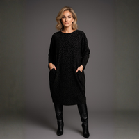Black Fleece / Jumper Dress with Pockets & Flock Pattern