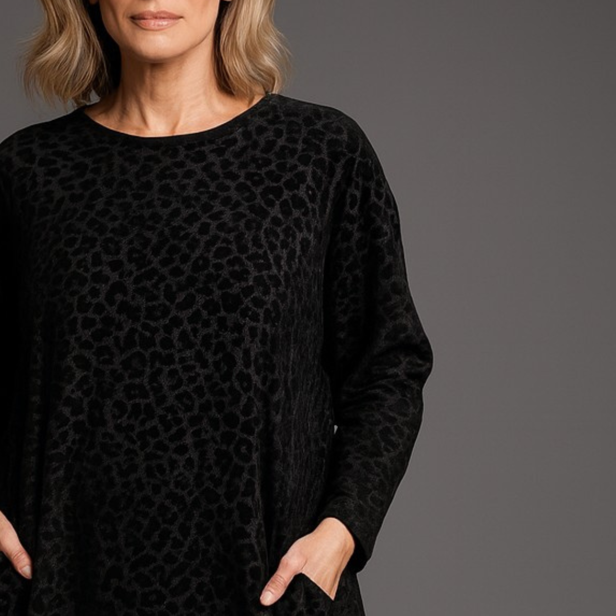 Black Fleece / Jumper Dress with Pockets & Flock Pattern