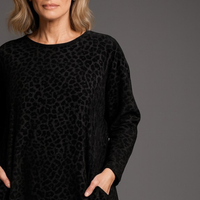 Black Fleece / Jumper Dress with Pockets & Flock Pattern
