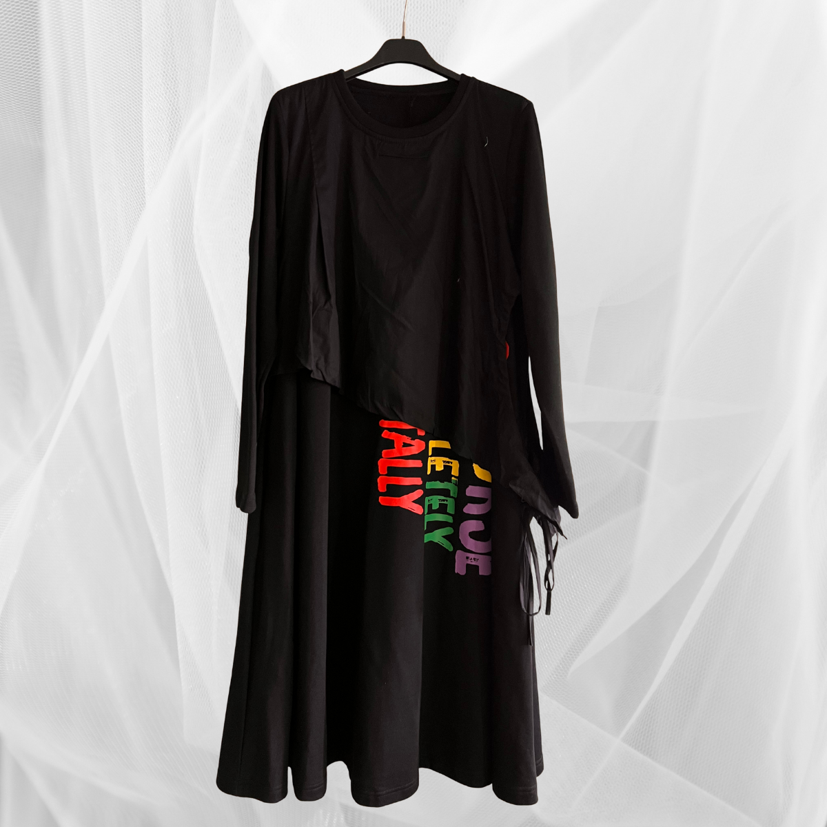 Black Jersey Dress With Cotton Overlay and Bold Writing