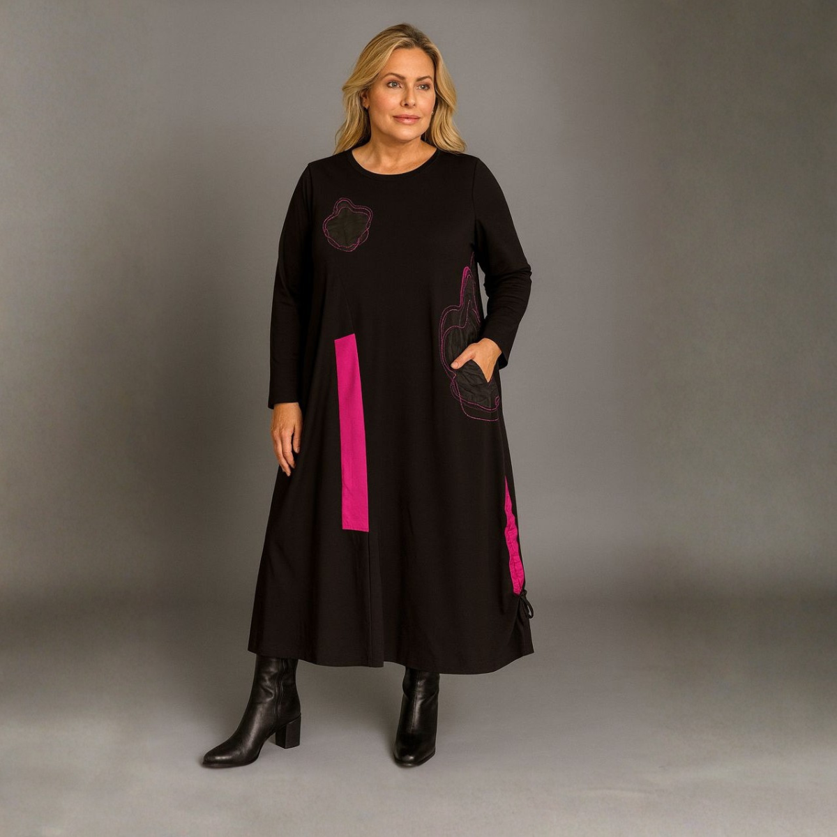 Black Dress with Applique and Drawstring Sides