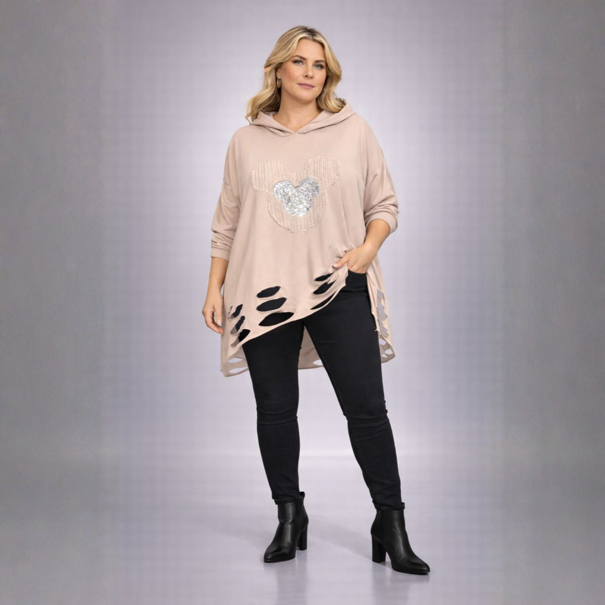 Cut Out Hem Dipped Hem Loose Fitting Hoodie