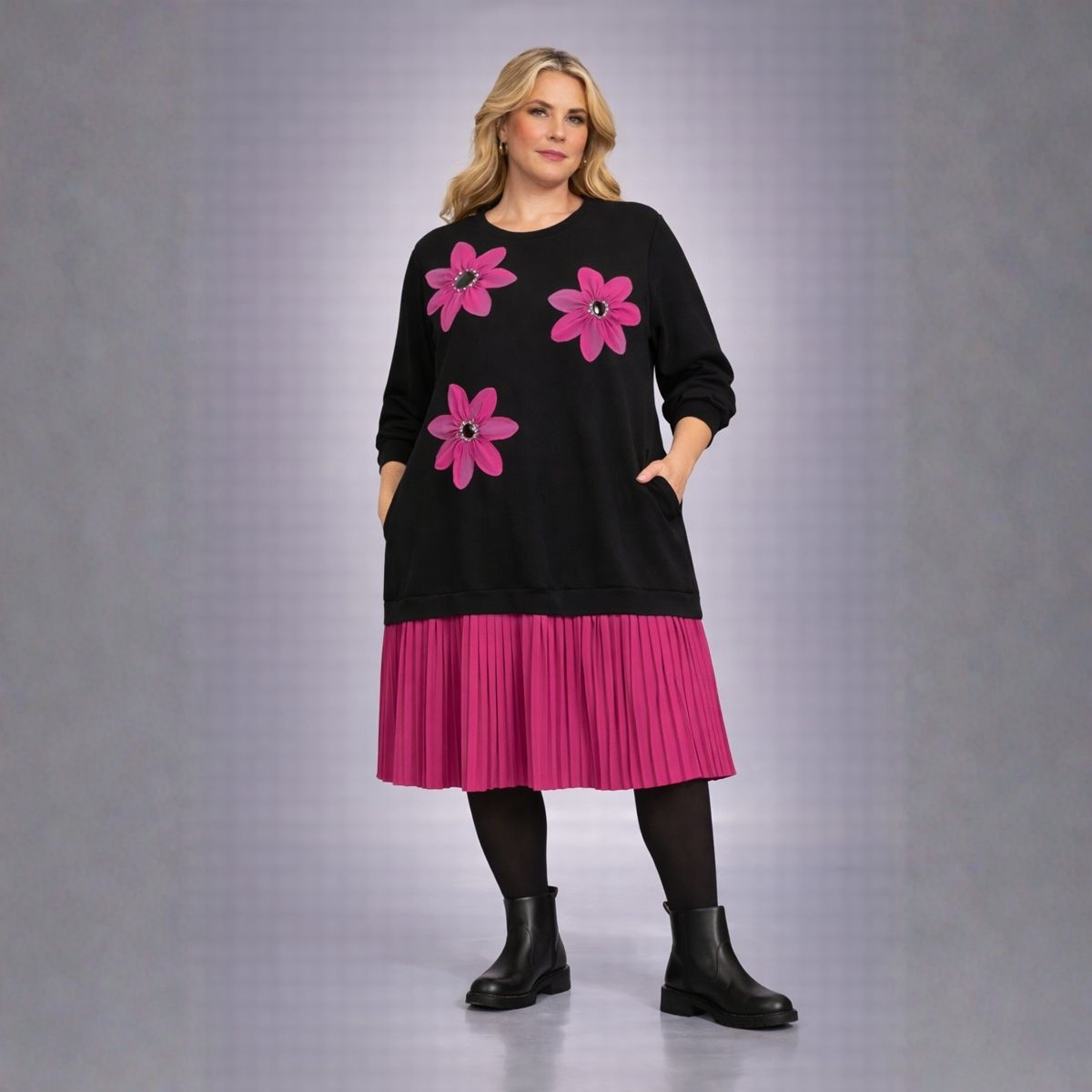 Black Dress with Applique and Pleated Skirt