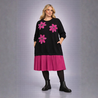 Black Dress with Applique and Pleated Skirt