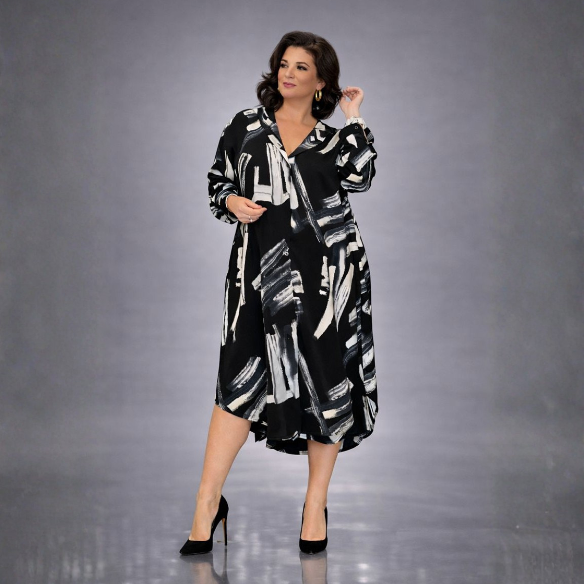 Black & White Brush Stroke Shirt Dress with Hood
