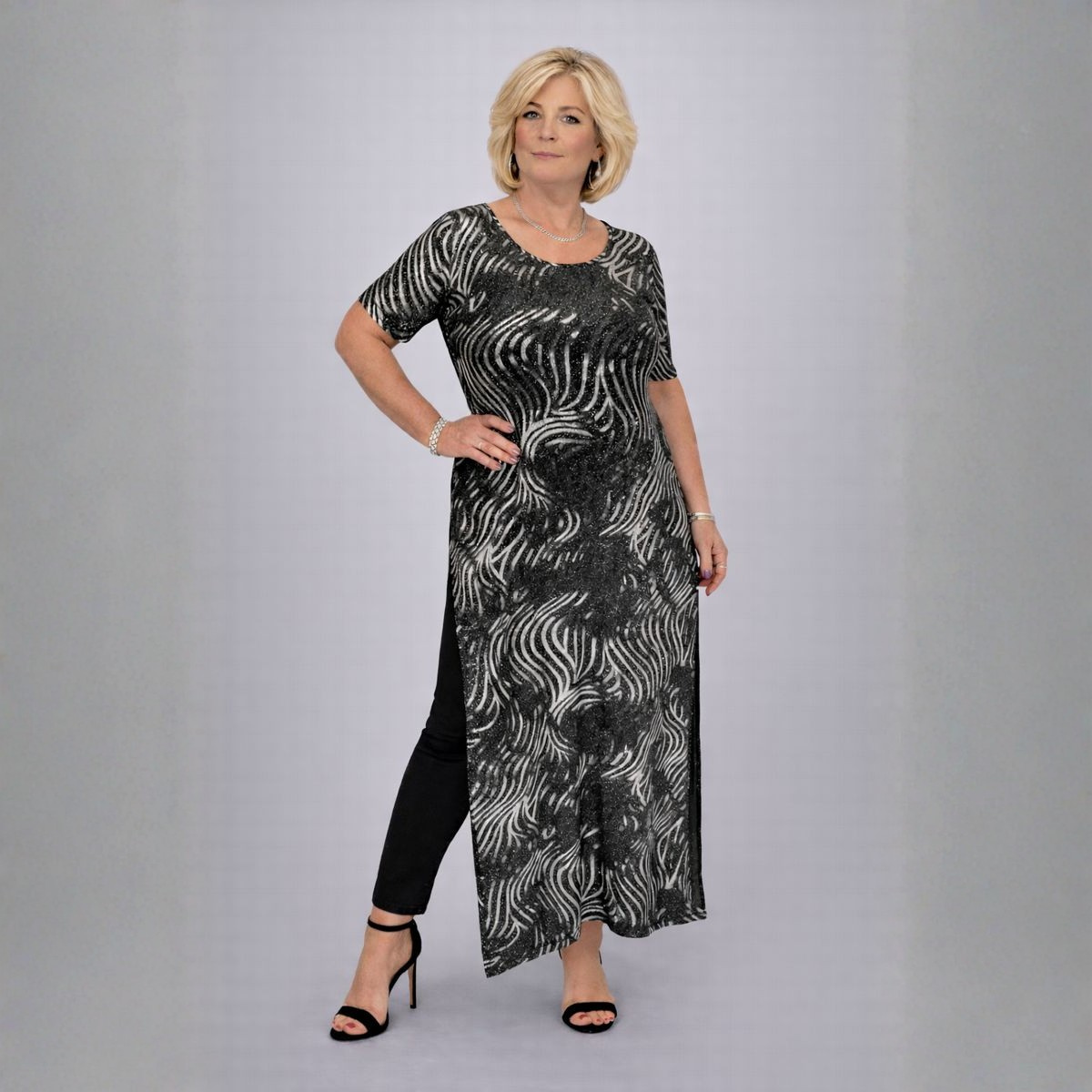 Black & Silver Sparkly Short Sleeve Long Maxi Top with Side Splits