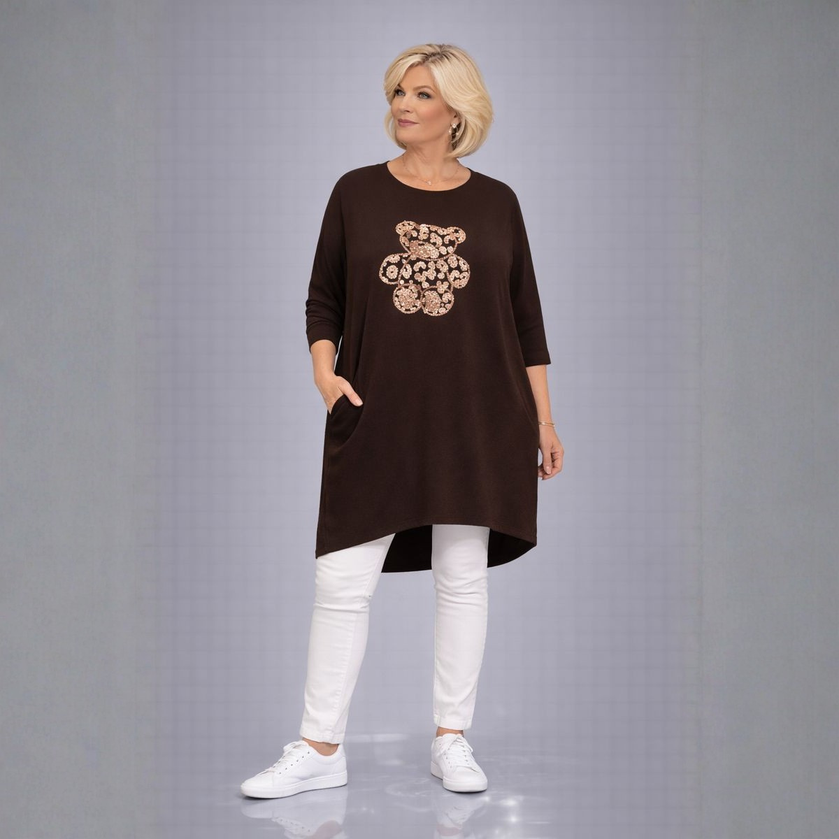 Soft Lightweight Jumper Dress with sequin Teddy Bear