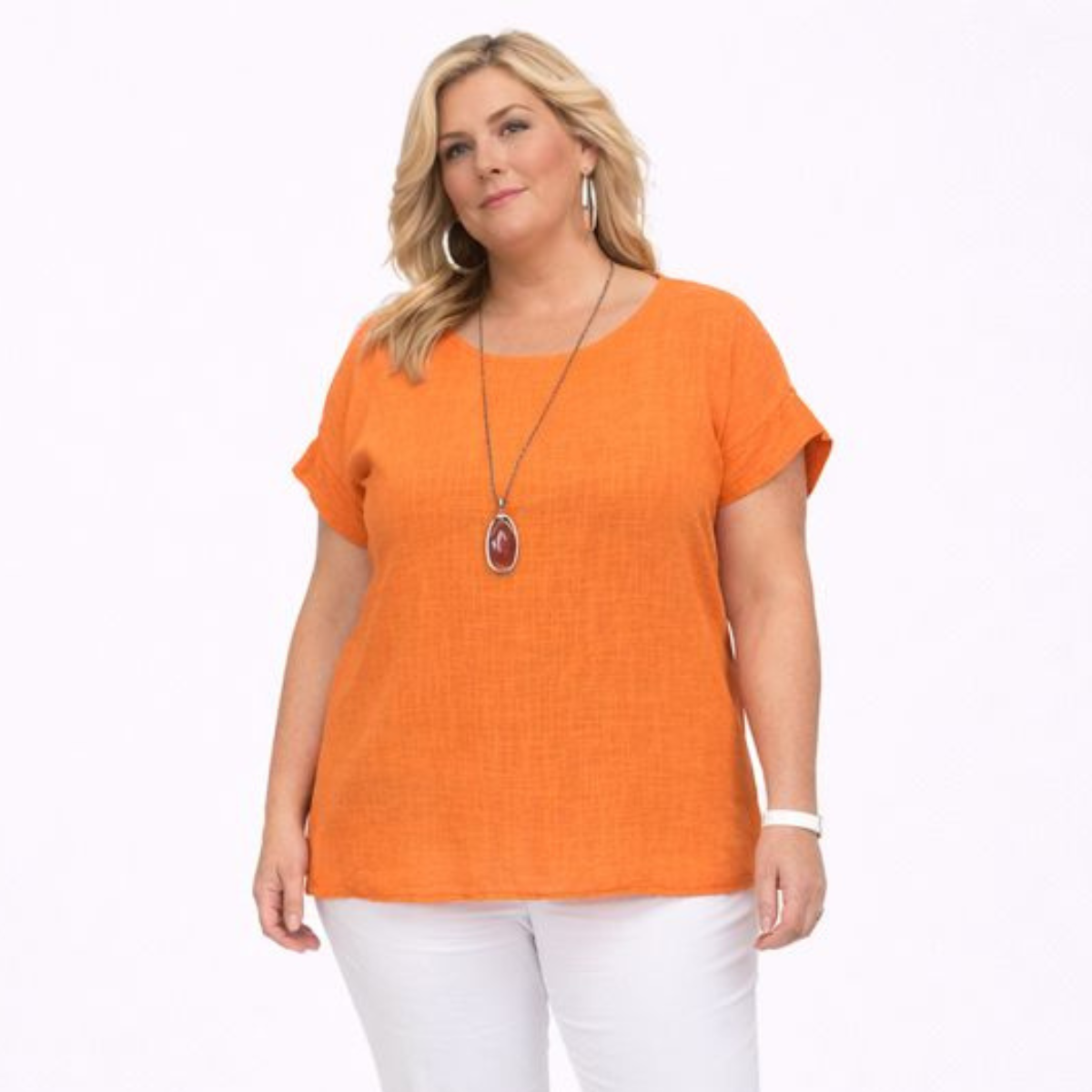 Cotton Linen Look Short Sleeve Blouse with Necklace