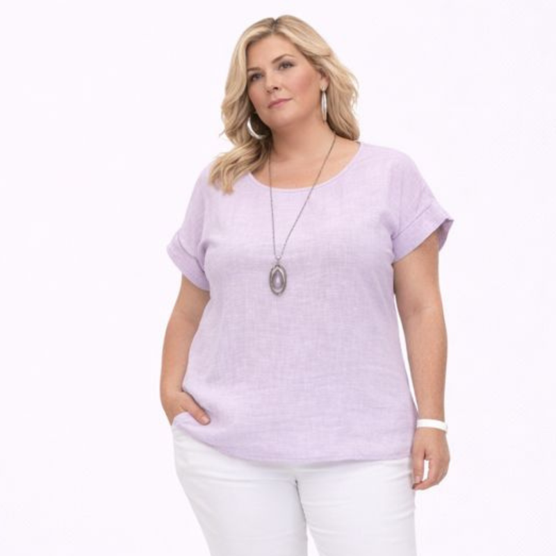 Cotton Linen Look Short Sleeve Blouse with Necklace