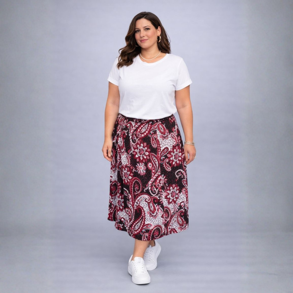 Wine Paisley Elastic Waist Upper Calf Length Skirt