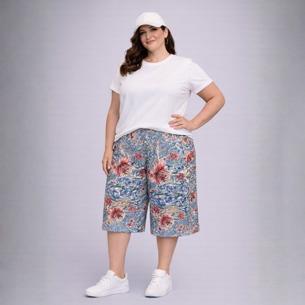 Blue Pink Floral Elastic Waist Culottes / Shorts