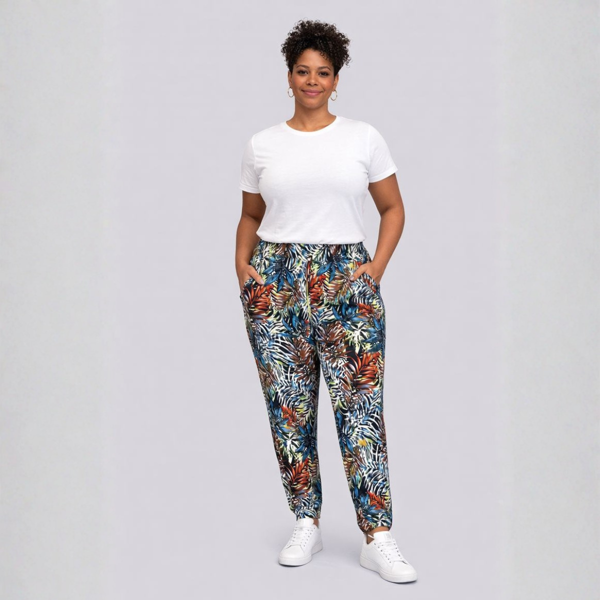 Tropical Stretchy Trousers with Elasticated Waist & Side Pockets