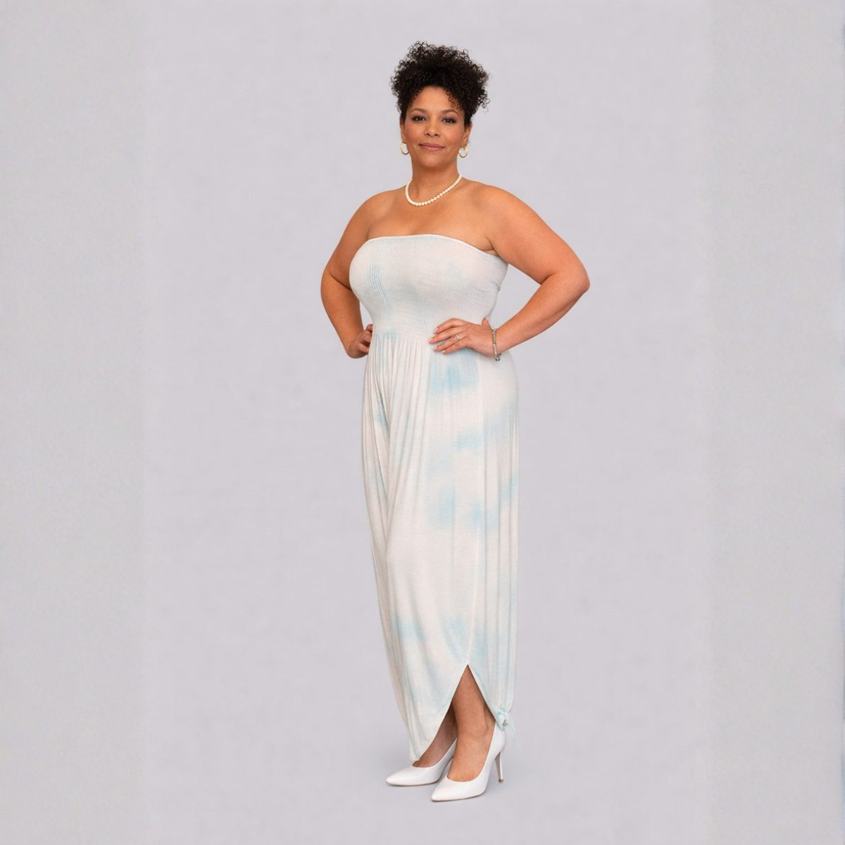 Tie Dye Strapless Boob Tube Jumpsuit with V Hem to Legs