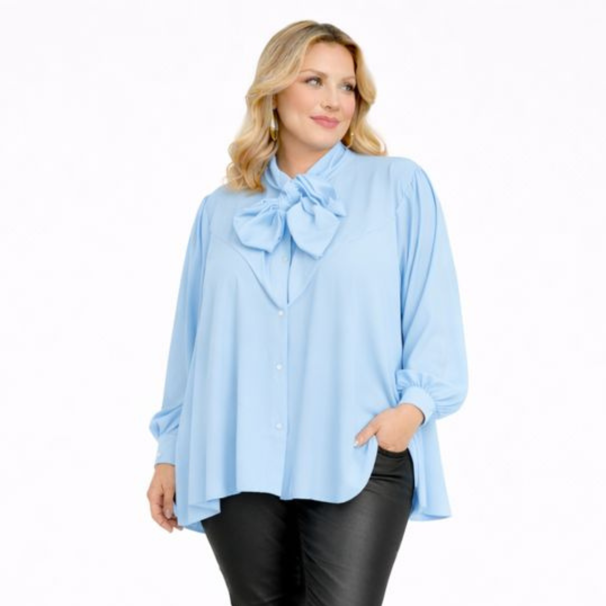 Dipped Hem Tie Neck Loose Fitting Blouse