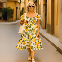Off Shoulder Lemon Print Frilled Gypsy Dress