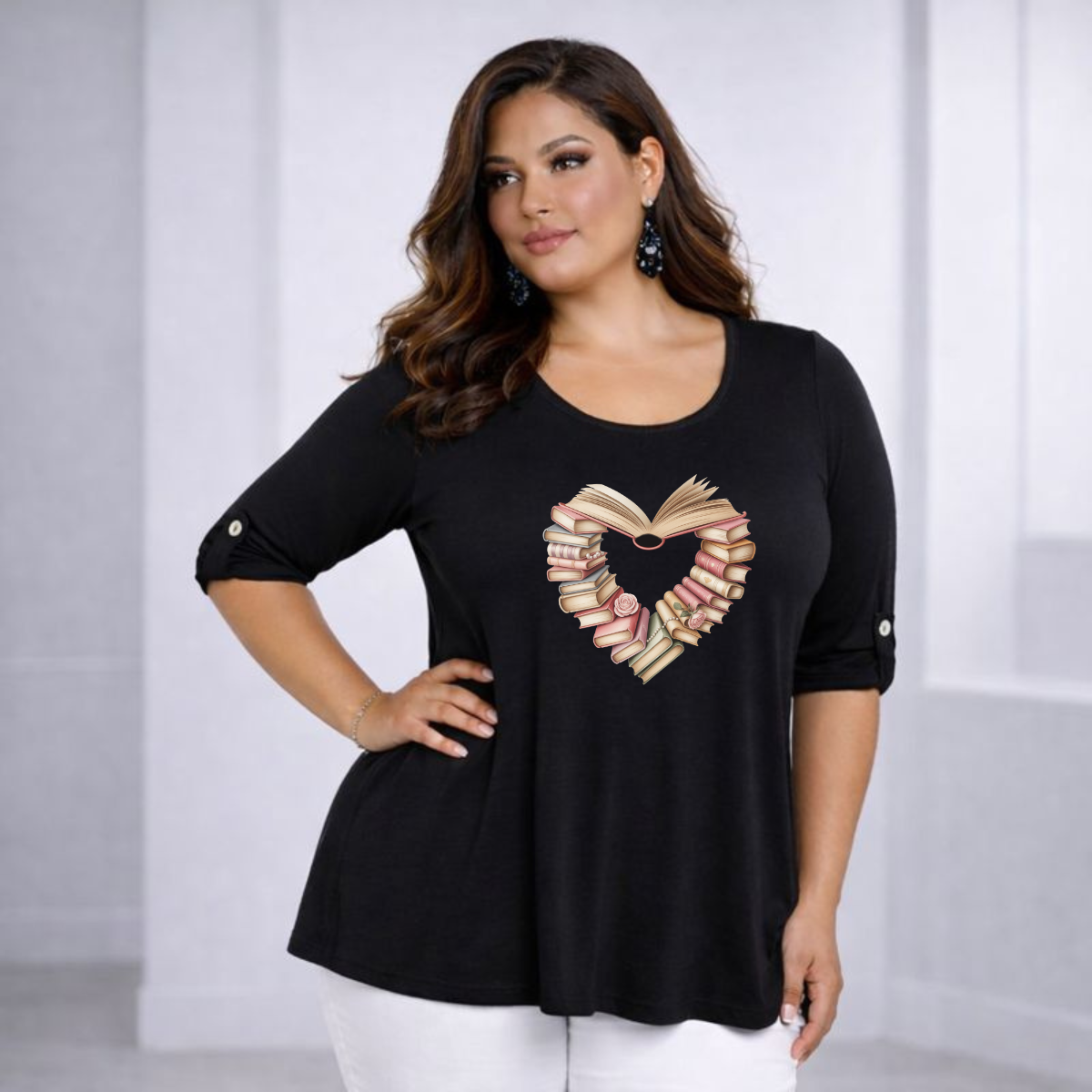 3/4 Button Sleeve Book Heart Sleeve Swing Top