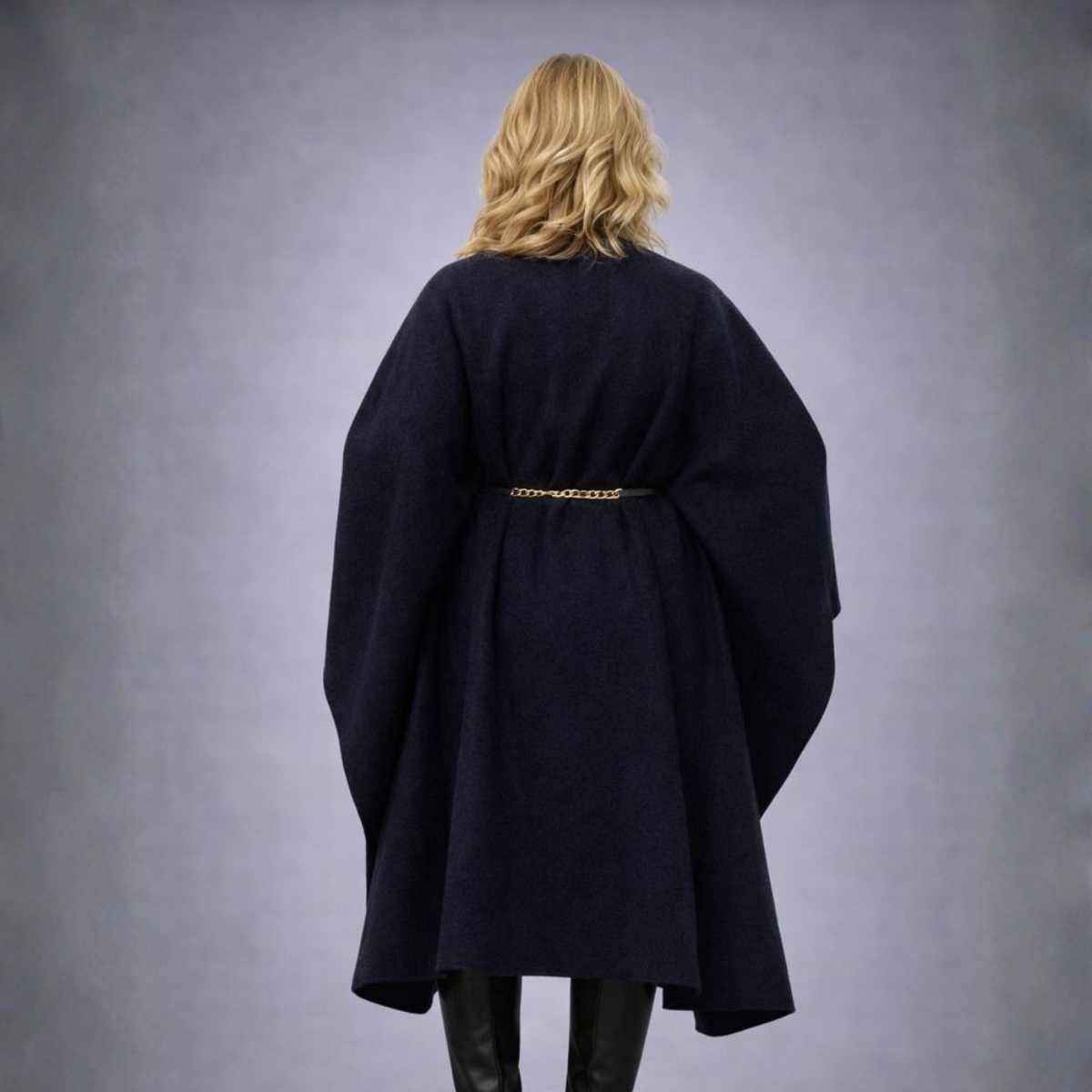 Navy Blue Synthetic Wool Cape Coat With Belt