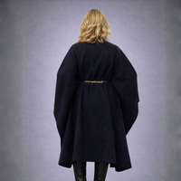 Navy Blue Synthetic Wool Cape Coat With Belt
