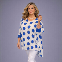 Large Spot Long Dipped Hem Button Sleeve Blouse