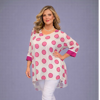 Large Spot Long Dipped Hem Button Sleeve Blouse