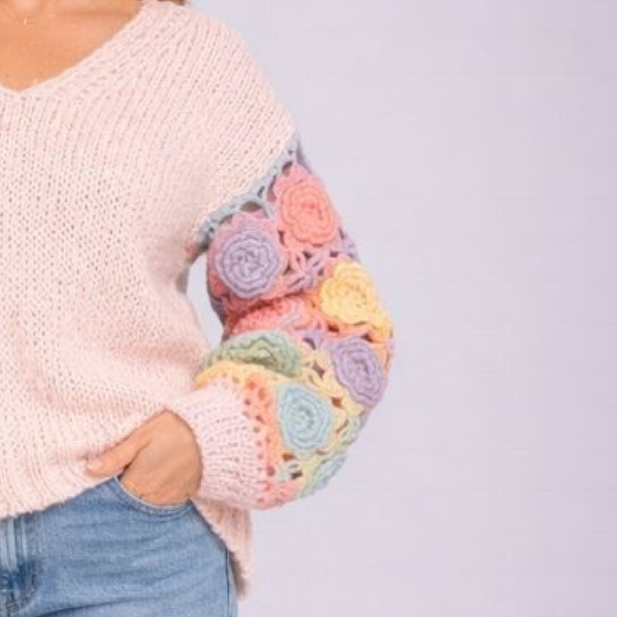 Soft Chunky Knit V neck Jumper with Crochet Sleeves