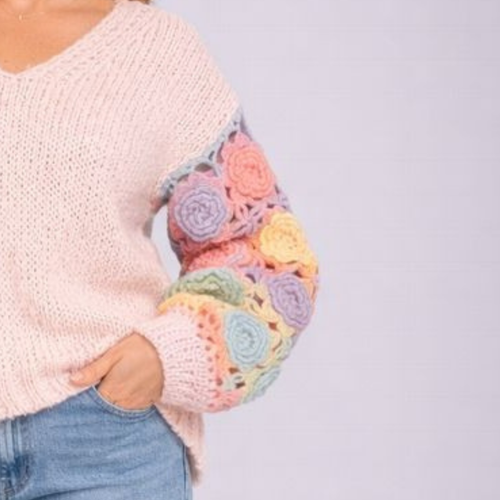 Soft Chunky Knit V neck Jumper with Crochet Sleeves