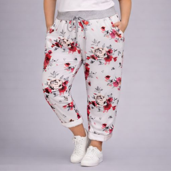 White Pink Floral Joggers with Pockets