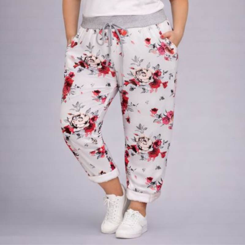 White Pink Floral Joggers with Pockets
