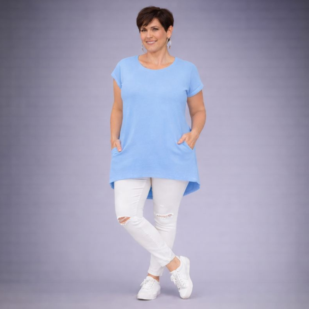 Soft Cotton Cap Sleeve T-shirt With Pockets + Dipped Hem