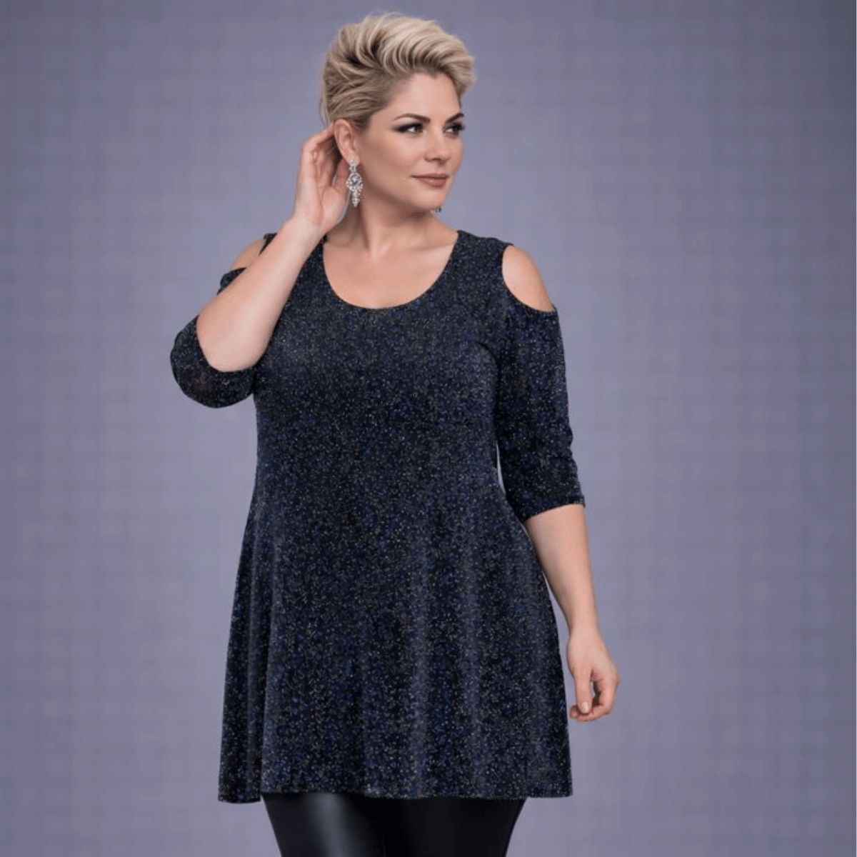 Sparkly 1/2 Sleeve Swing Top with Cold Shoulders