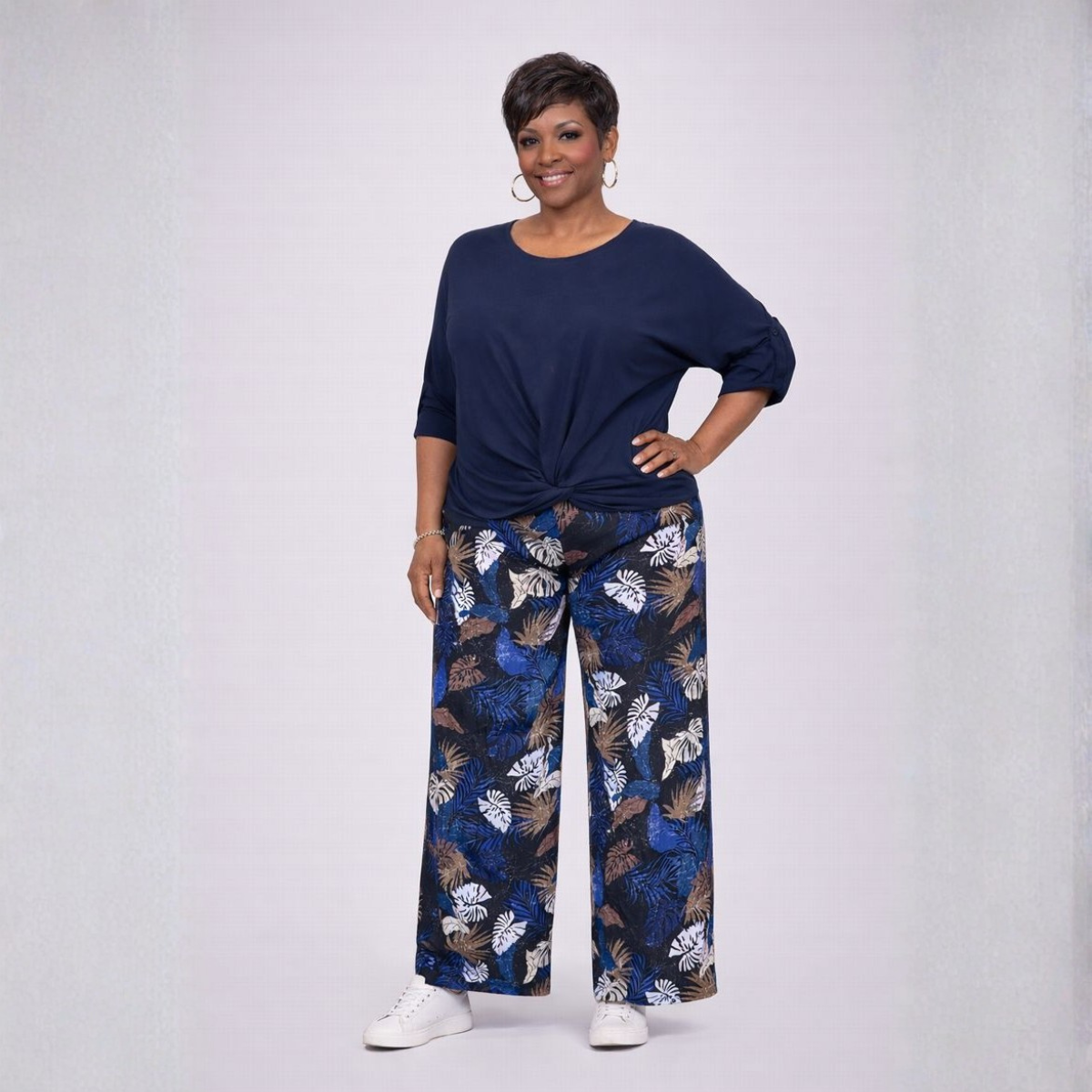 Leaf Print Elastic Waist Palazzo Trousers