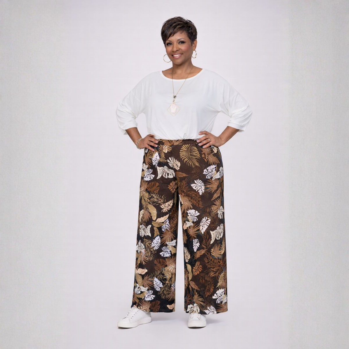 Leaf Print Elastic Waist Palazzo Trousers