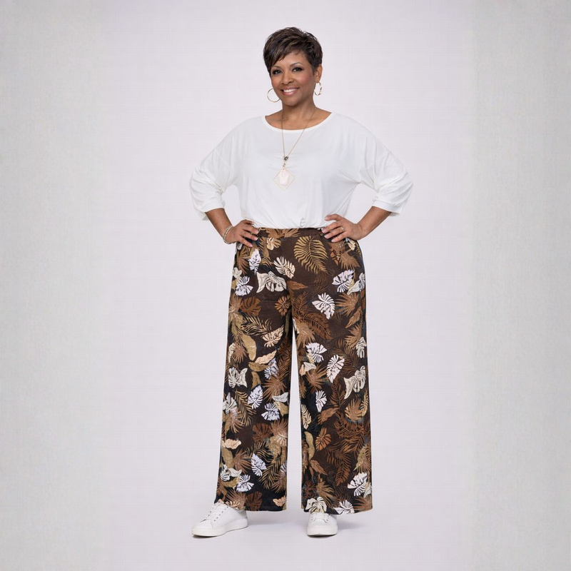 Leaf Print Elastic Waist Palazzo Trousers