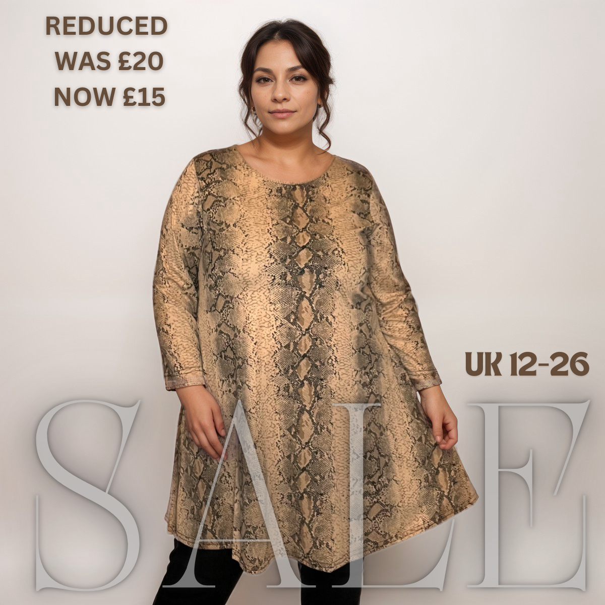 ROCKTHOSECURVES BEIGE BROWN SNAKE PRINT 3/4 SLEEVE SWING TOP