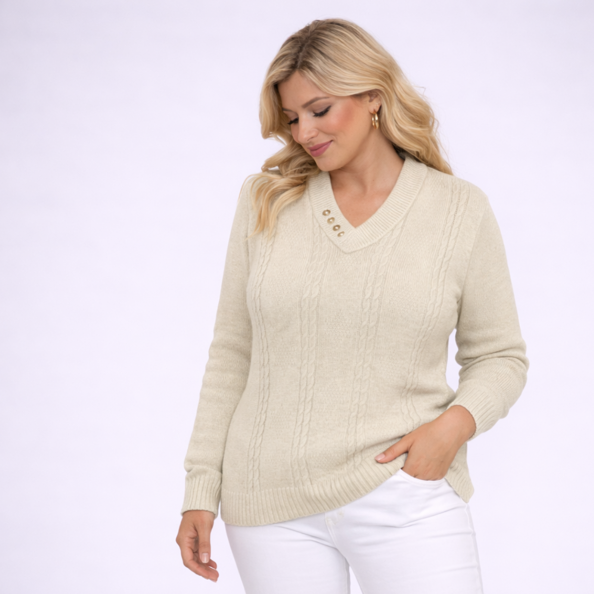 Button V Neck Cable Knit Jumper