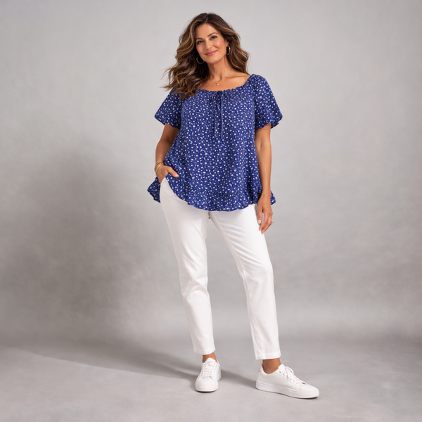 Floral Elastic Neck Short Sleeve Top